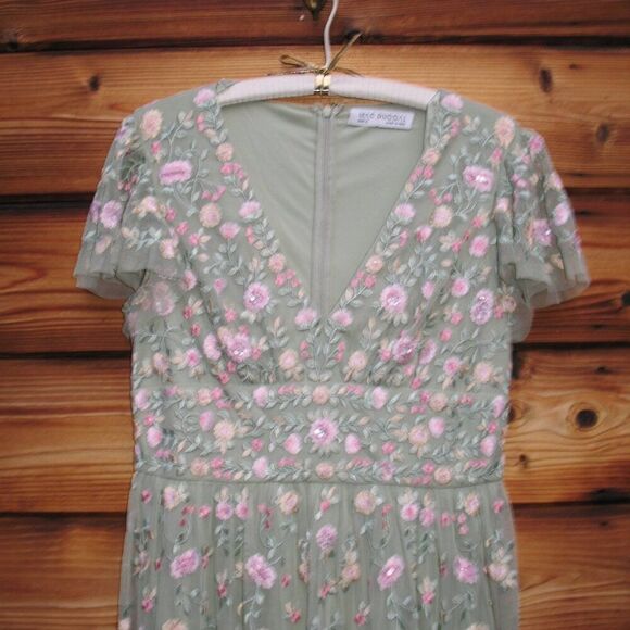 Mac Duggal 35104 Green Multicolor Embroidered V Neck Cap Sleeve Midi Dress - Picture 7 of 14